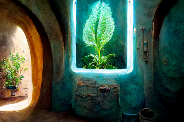 An illustration of a futuristic workshop with a glowing plant inside an adobe building